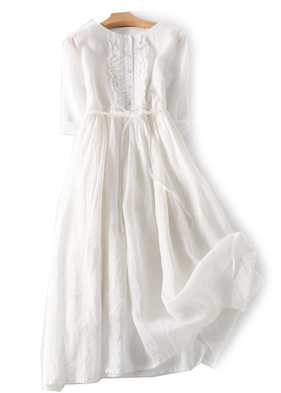 Green Ruffled Button Tie Waist Cotton Long Dress Half Sleeve