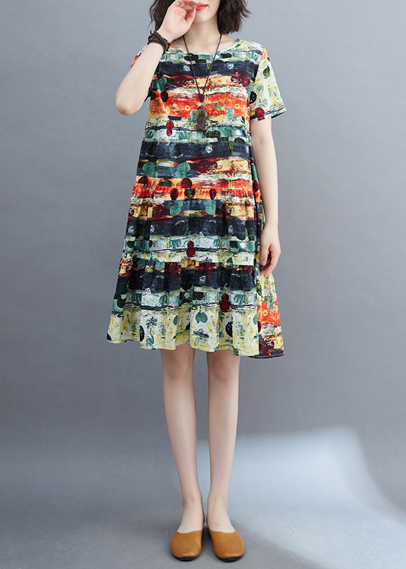 Fine Green O-neck Print Ruffled Patchwork Mid Dress Summer