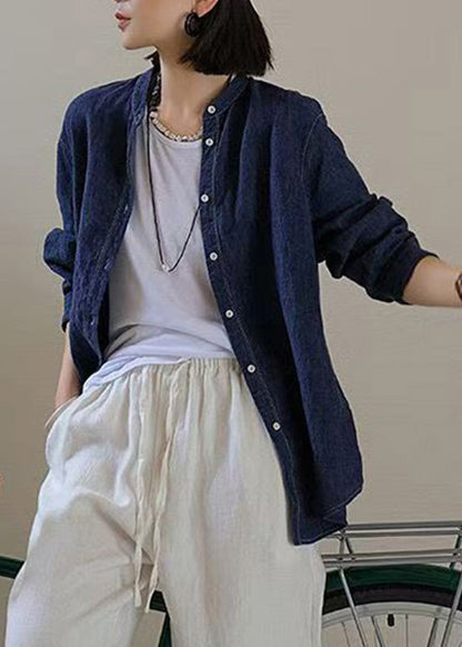 Handmade Navy O-neck Patchwork Button Coats Fall
