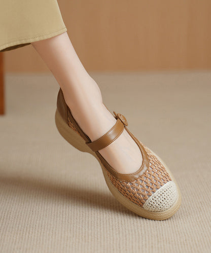 Khaki Flats Knit Fabric Comfy Buckle Strap Flat Shoes for