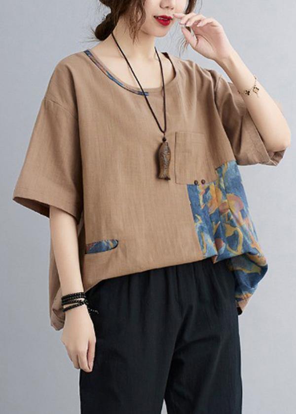 Khaki Patchwork Pockets Cotton Linen Shirt Summer