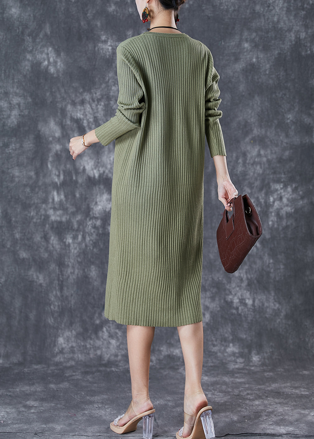 Green Slim Fit Knit Long Dress Fall