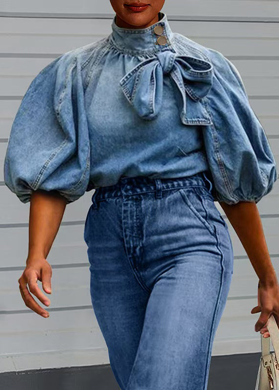 Loose Blue Stand Collar Lace Up Denim Shirt Lantern Sleeve Summer