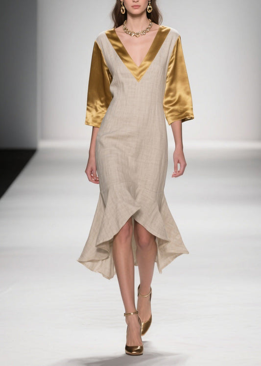 Colorblock Ruffled Patchwork Linen Silk Dresses Summer