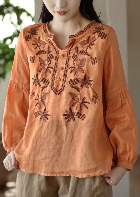 Orange Embroideried Wrinkled Patchwork Linen T Shirt Spring