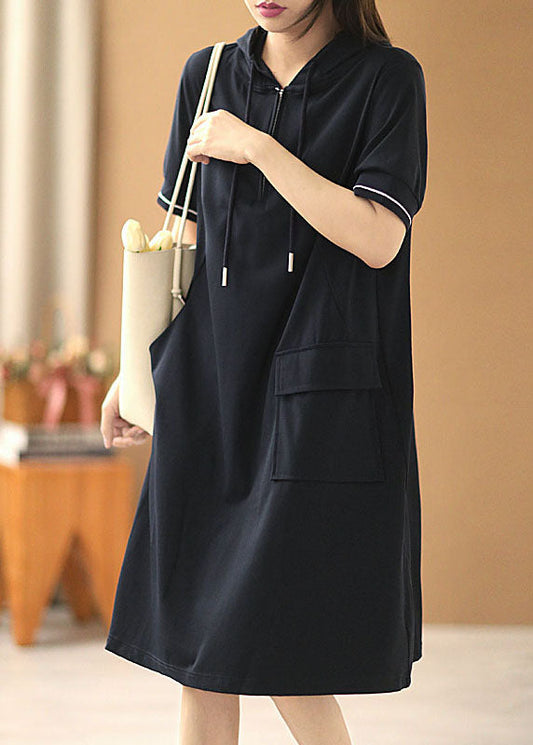 Simple Navy Zippered Drawstring Hooded Pocket Cotton Sweatshirt Dress Short Sleeve