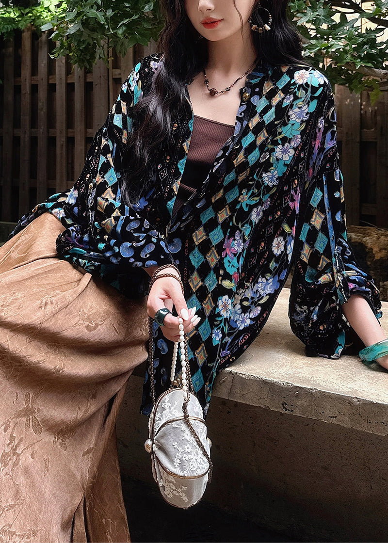 Stylish Green Stand Collar Print Button Velour Shirts Fall