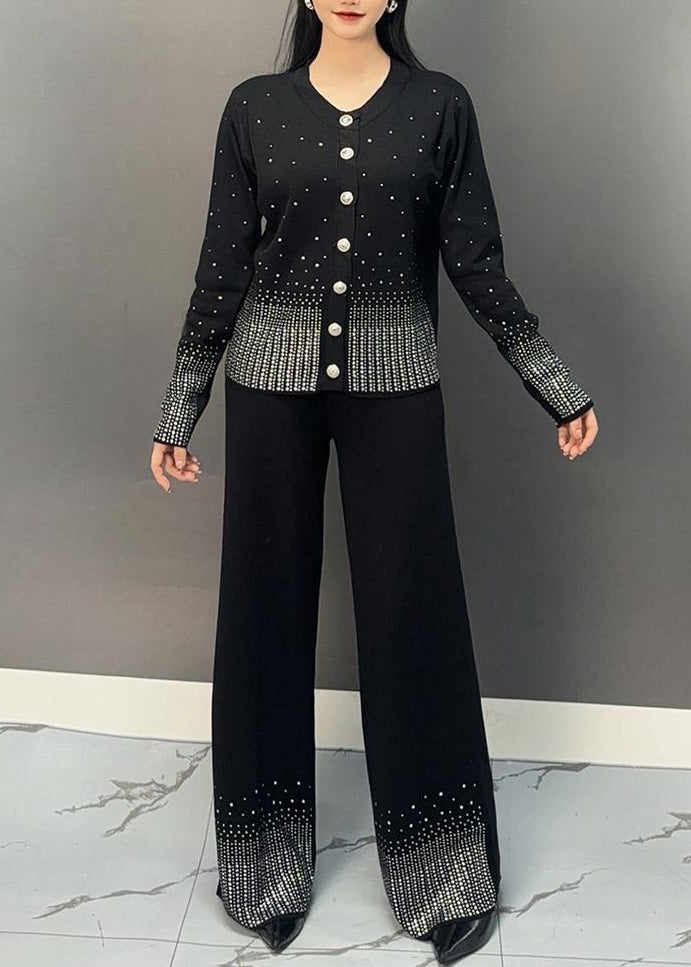 Classy Black V Neck Dot Print Knit Top and Wide Leg Pants Two Pieces Set Spring