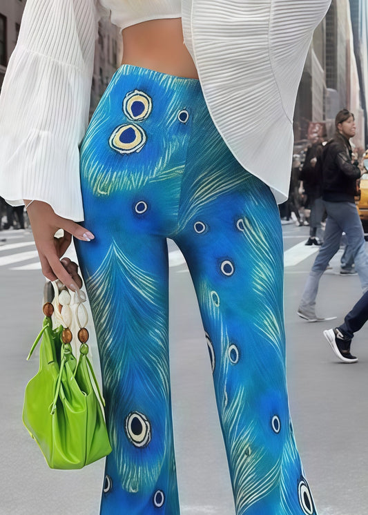 Peacock Blue Print Butt Scrunch Flared Trousers Fall