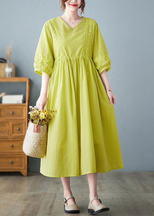 Yellow O-neck Lace Patchwork Cotton Cinch Dress Half Sleeve