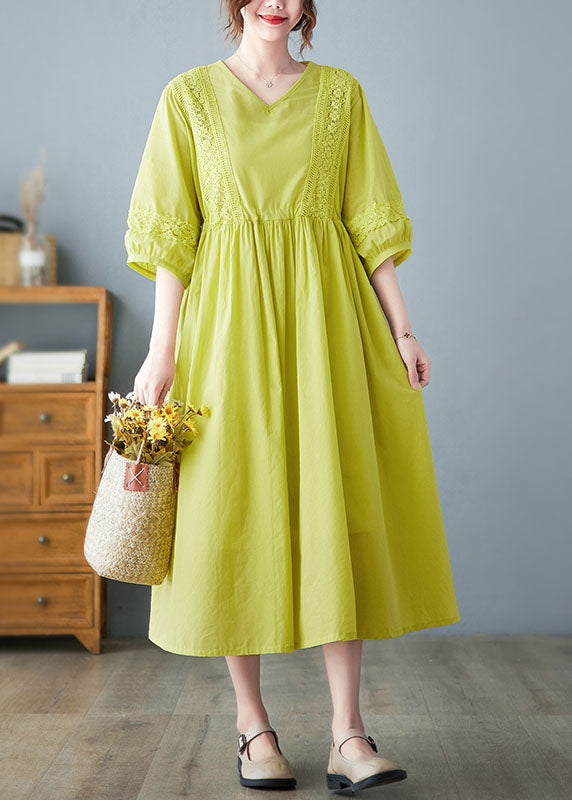 Yellow O-neck Lace Patchwork Cotton Cinch Dress Half Sleeve