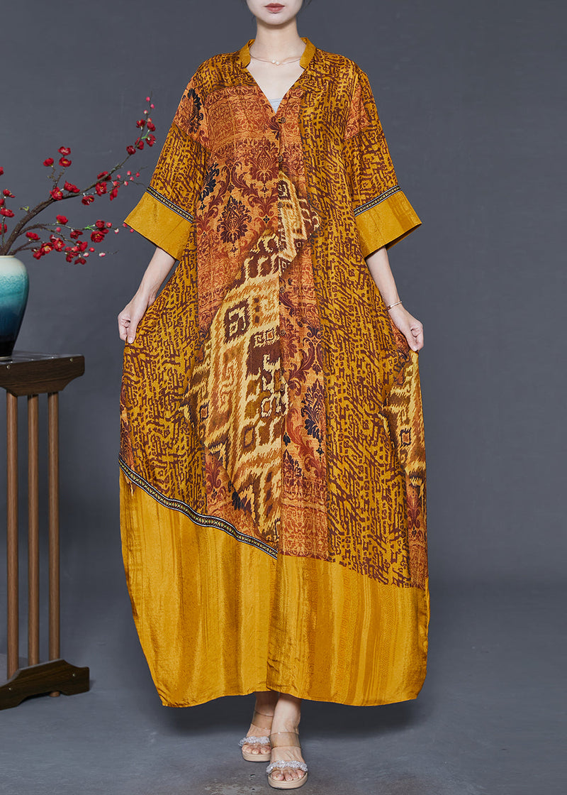 Golden Oversized Print Silk Vacation Dress Summer