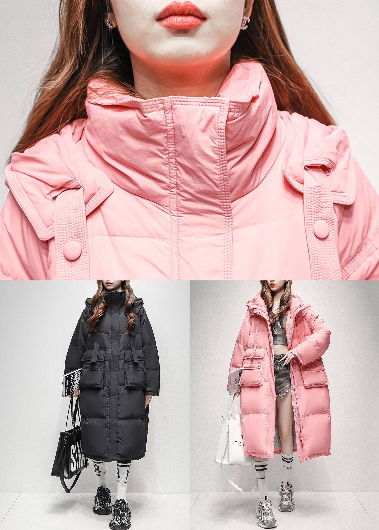 Black Zippered Pockets Duck Down Winter Down Long Coat Hooded
