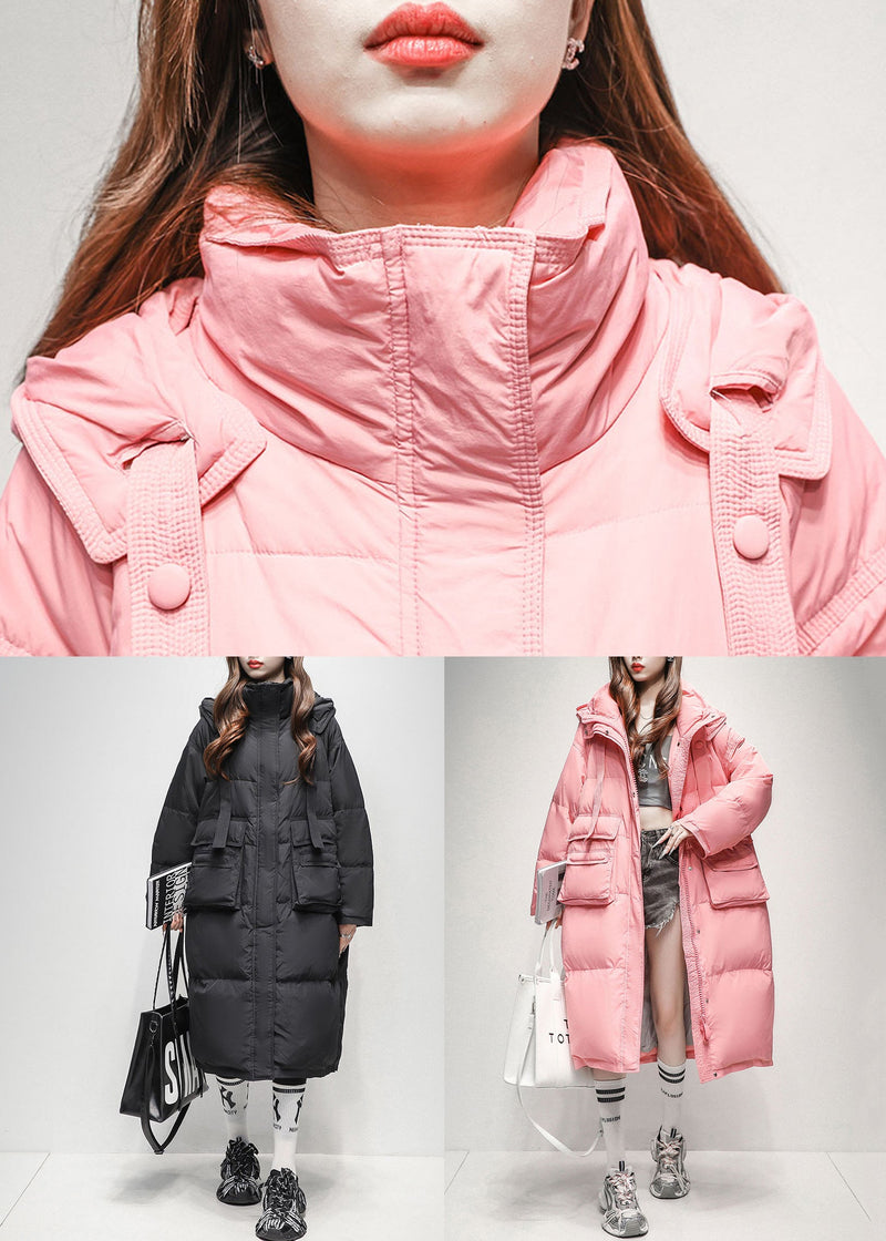 Black Zippered Pockets Duck Down Winter Down Long Coat Hooded