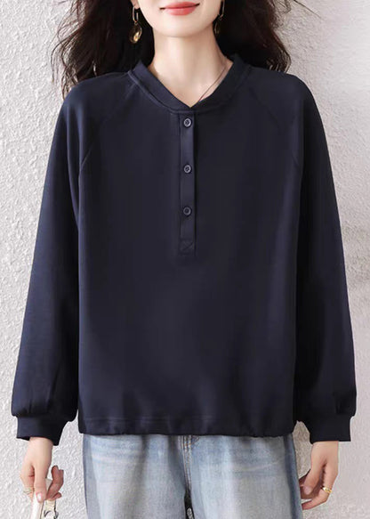 Simple Navy Button Cotton Sweatshirts Fall