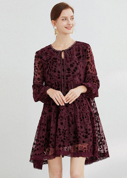 Mulberry O-neck Lace Up Silk Velour Mid Dress Long Sleeve