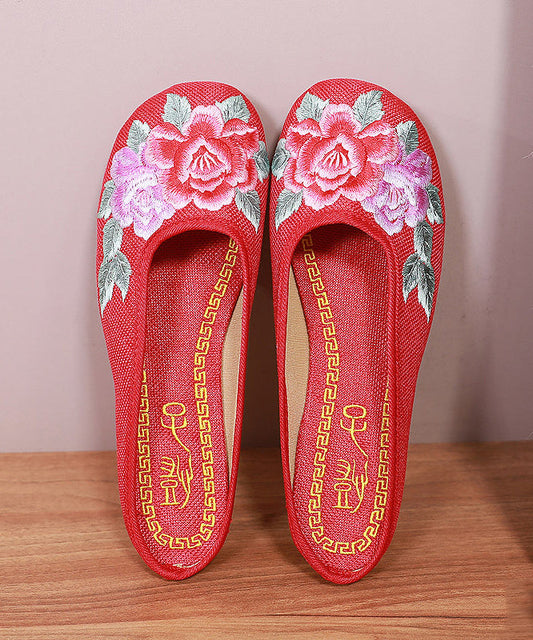 Red Slide Sandals Embroideried Linen Fabric Slides for