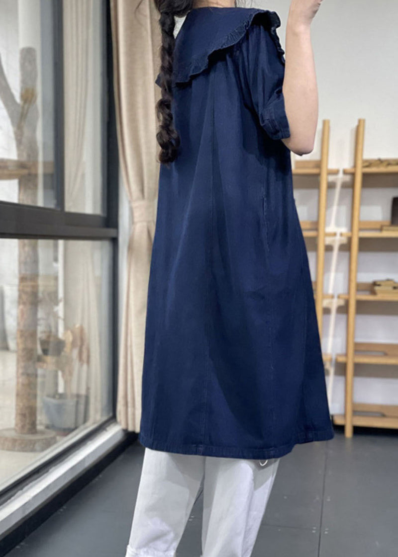 Denim Blue Peter Pan Collar Ruffled Cotton Vacation Dresses Short Sleeve