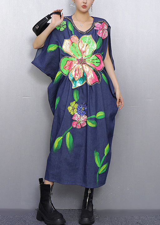 Style Blue Nail Bead Denim Holiday Dress Summer