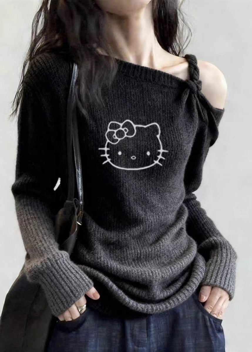 Dark Grey Cold Shoulder Print Cotton Knit Sweater Tops Spring