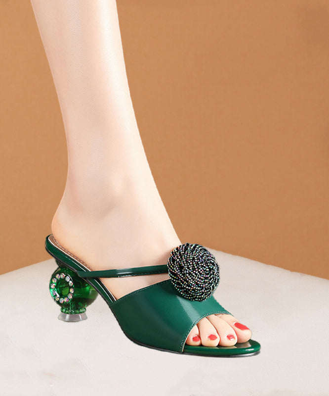 Genuine Leather Sandals Green Splicing Peep Toe Zircon