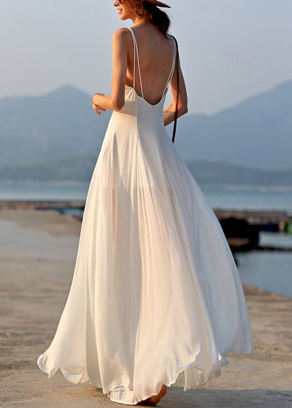 New White V Neck Chiffon Spaghetti Strap Dress Sleeveless