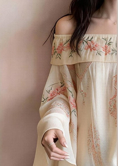 Beige Cold Shoulder Print Cotton Blouses Flare Sleeve