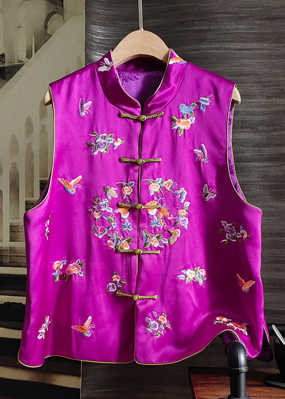 Art Rose Stand Collar Printing Patchwork Silk Vest Sleeveless
