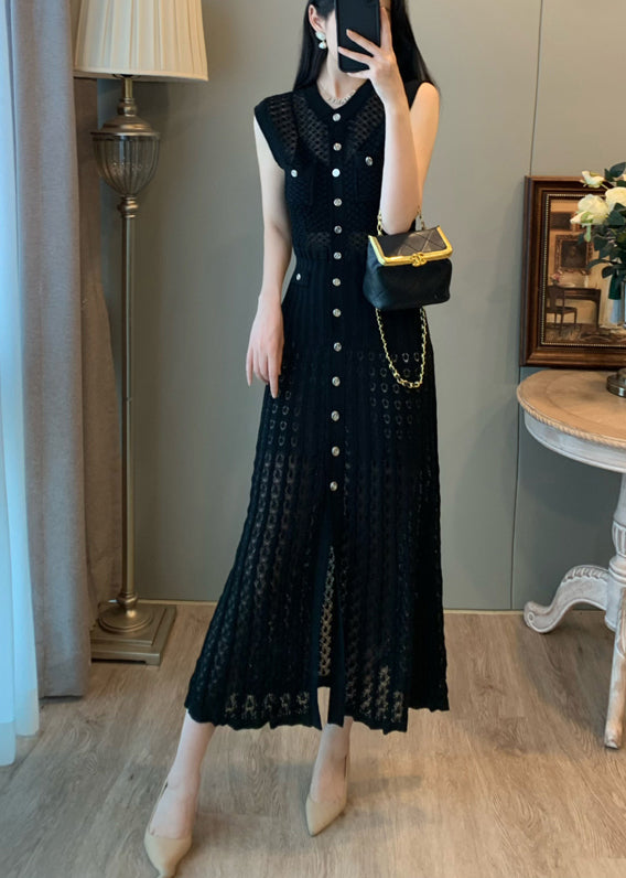 Black Hollow Out Single Breasted Buttons Knit Long Dress Sleeveless