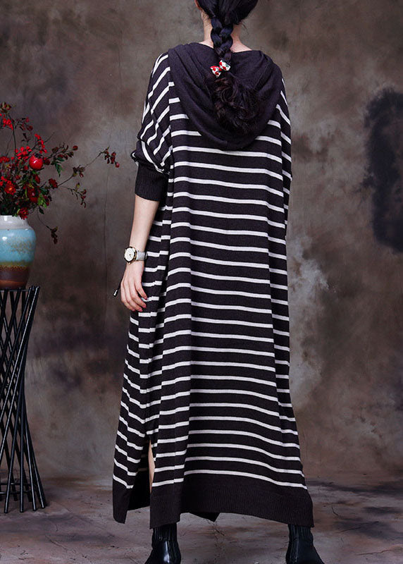 Chocolate Drawstring Hooded Striped Knit Long Dresses Spring