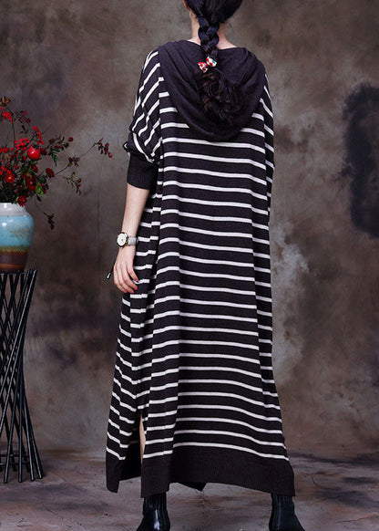 Chocolate Drawstring Hooded Striped Knit Long Dresses Spring