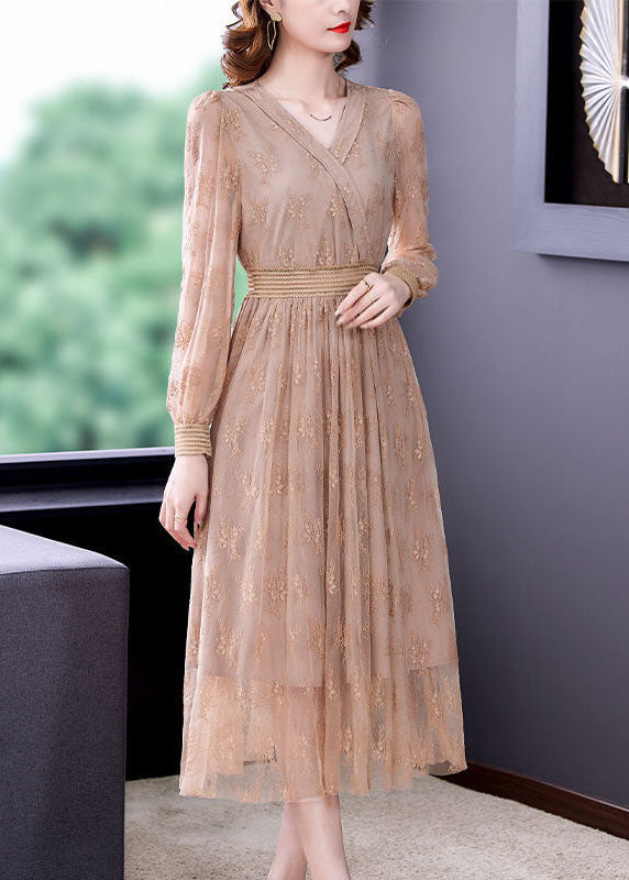 Apricot Elastic Waist Hollow Out Lace Dress Spring
