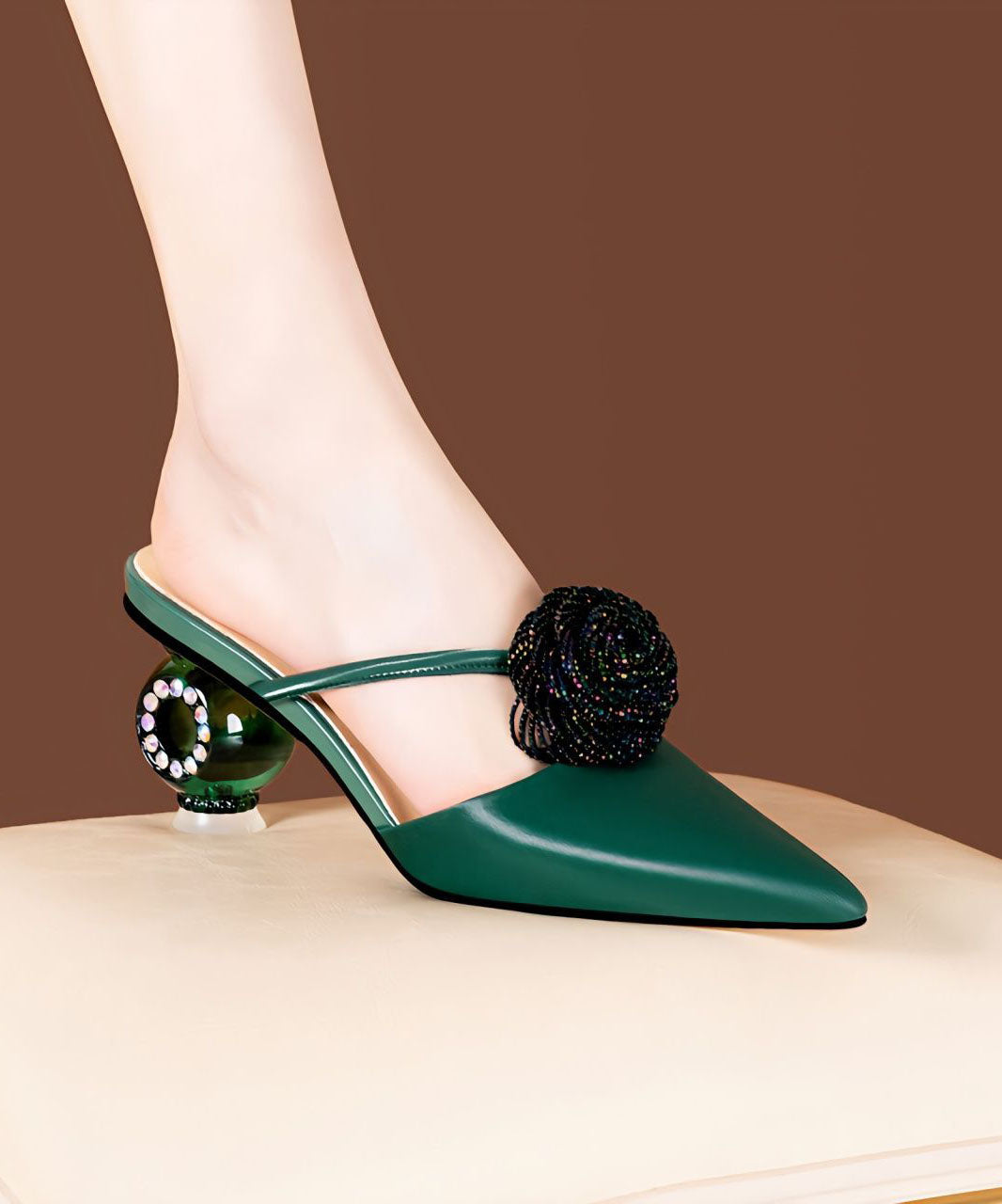 Soft Pointed Toe Chunky Green Satin Upper Slide Sandals