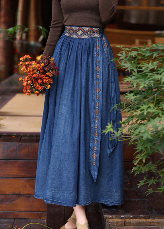 Blue Patchwork Embroidered Tassel Elastic Waist a Line Denim Skirt