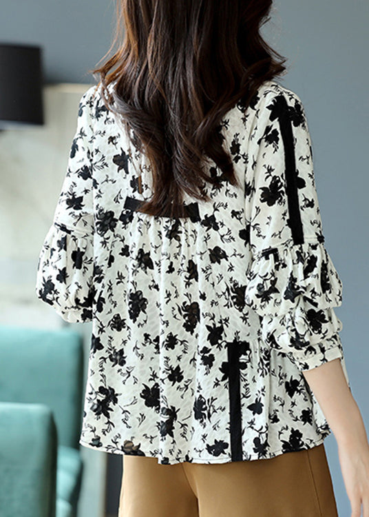Black White Colour V Neck Print Lace Patchwork Chiffon Shirts Long Sleeve