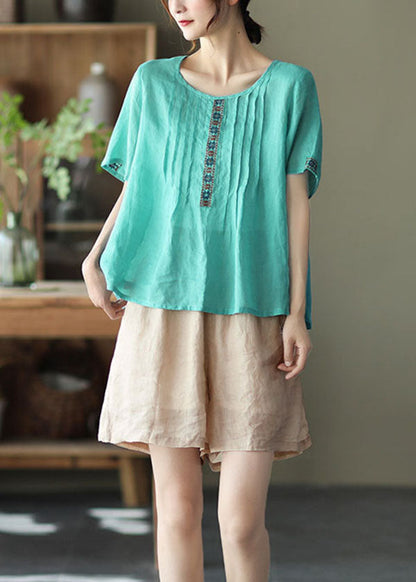 Lake Green O-neck Linen Tops Short Sleeve