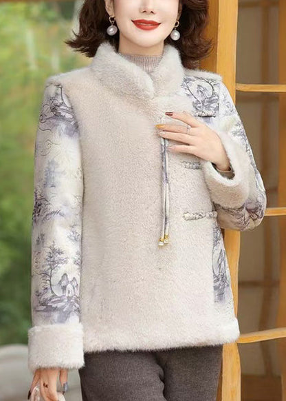 Beige Button Patchwork Mink Velvet Coats Winter