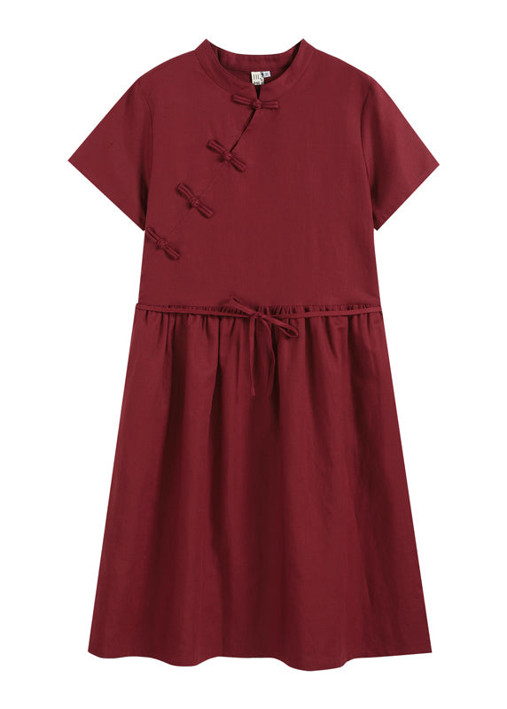 Art Mulberry Stand Collar Cinched Pockets Linen Mid Dress Short Sleeve