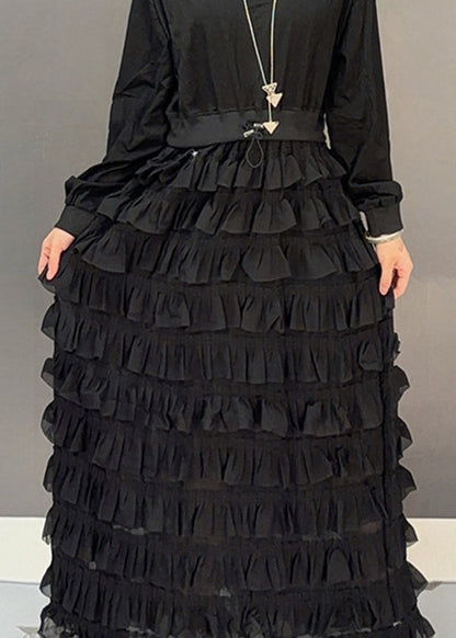 Loose Black O-neck Patchwork Chiffon Maxi Dresses Spring