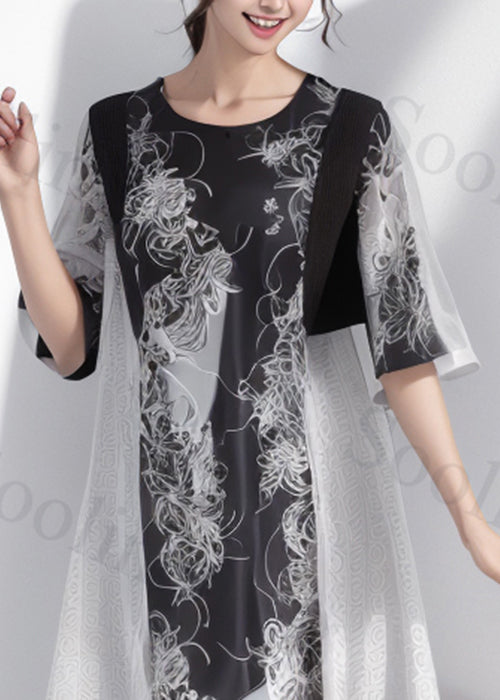 New Black Print Patchwork Silk Long Dresses Half Sleeve