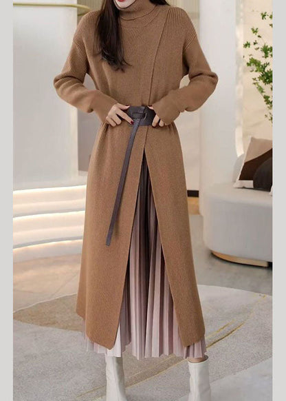 Khaki Hign Neck Patchwork Front Side Open Knit Knit Dress Winter