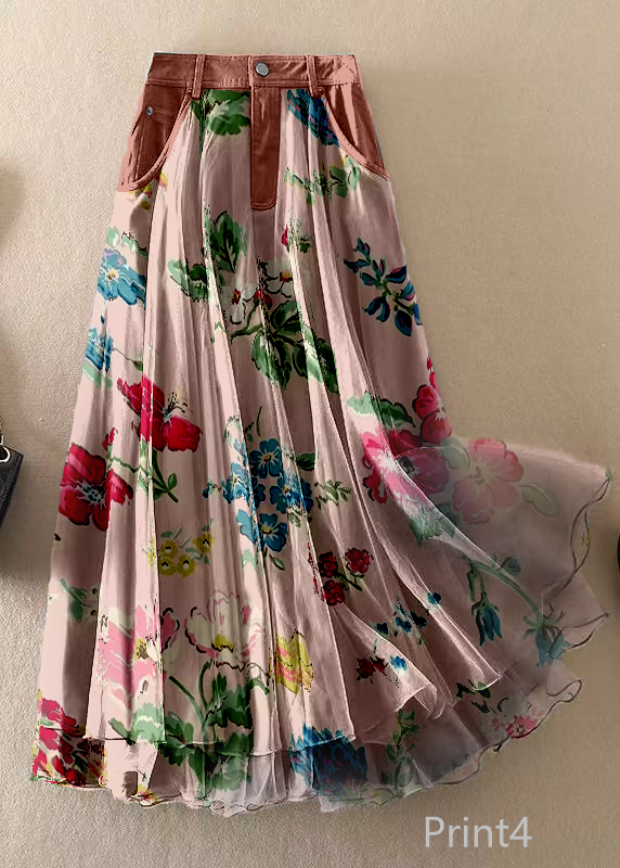 Natural Print2 High Waist Patchwork Tulle Skirts Spring