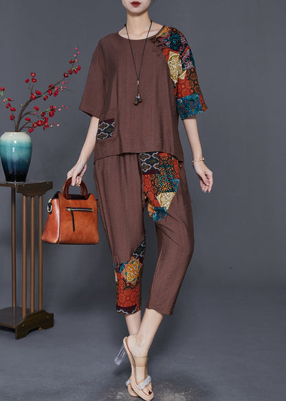 Coffee Chinese Button Patchwork Linen Two Pieces Set Summer