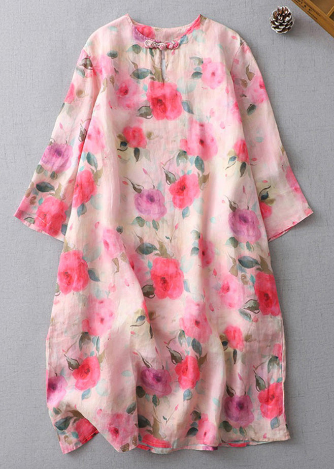 Print O-neck Button Cotton Mid Dress Half Sleeve