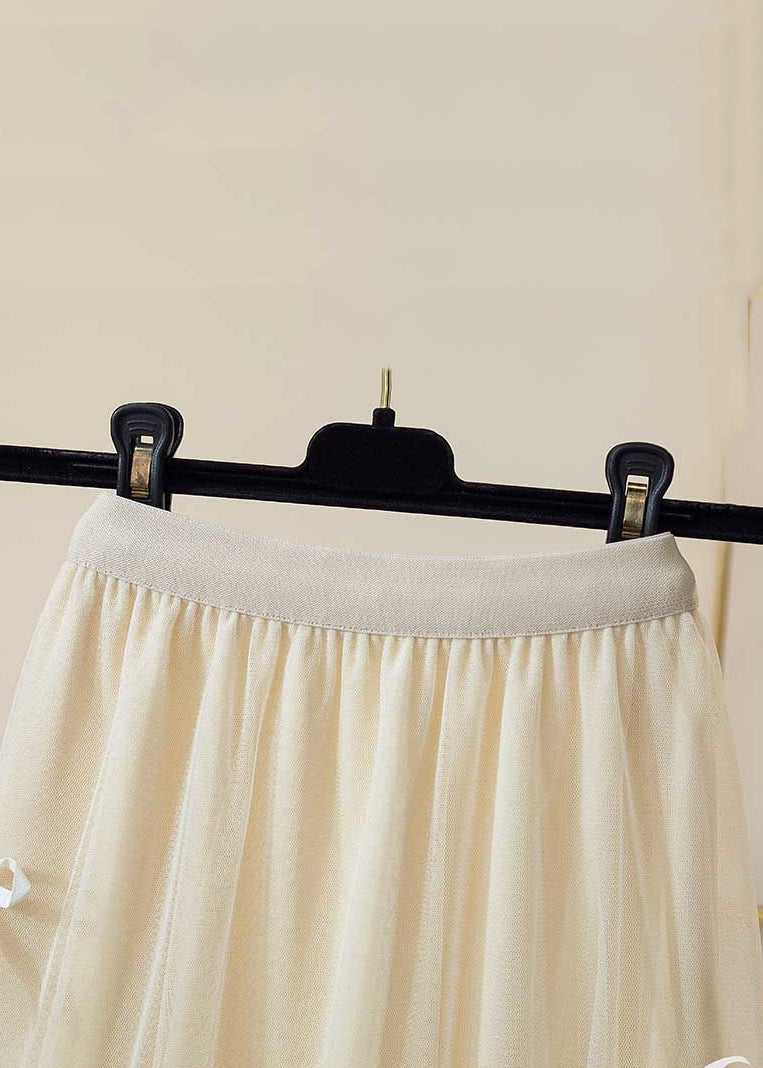 New Apricot Elastic Waist Tulle Pleated Skirt