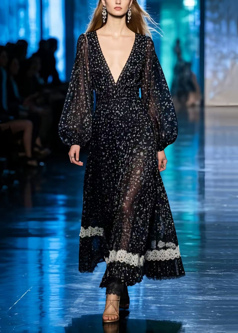 Black Print Patchwork Lace Chiffon Long Dresses Summer