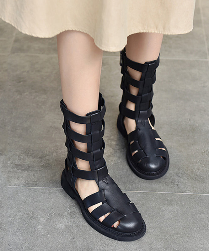 Black Chunky Cowhide Leather Hollow Out Boots