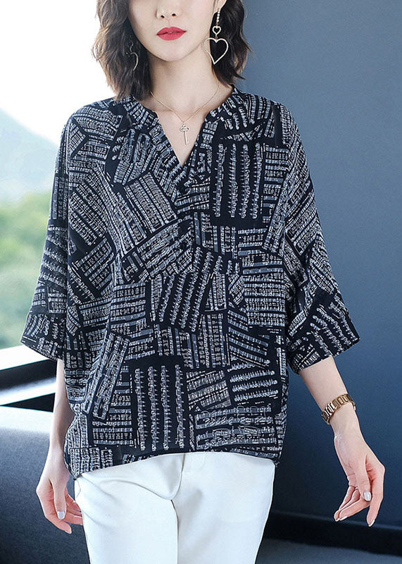 Black V Neck Print Chiffon Shirt Top Bracelet Sleeve