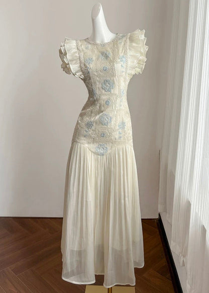 Apricot Embroidered Wrinkled Patchwork Long Dress Summer