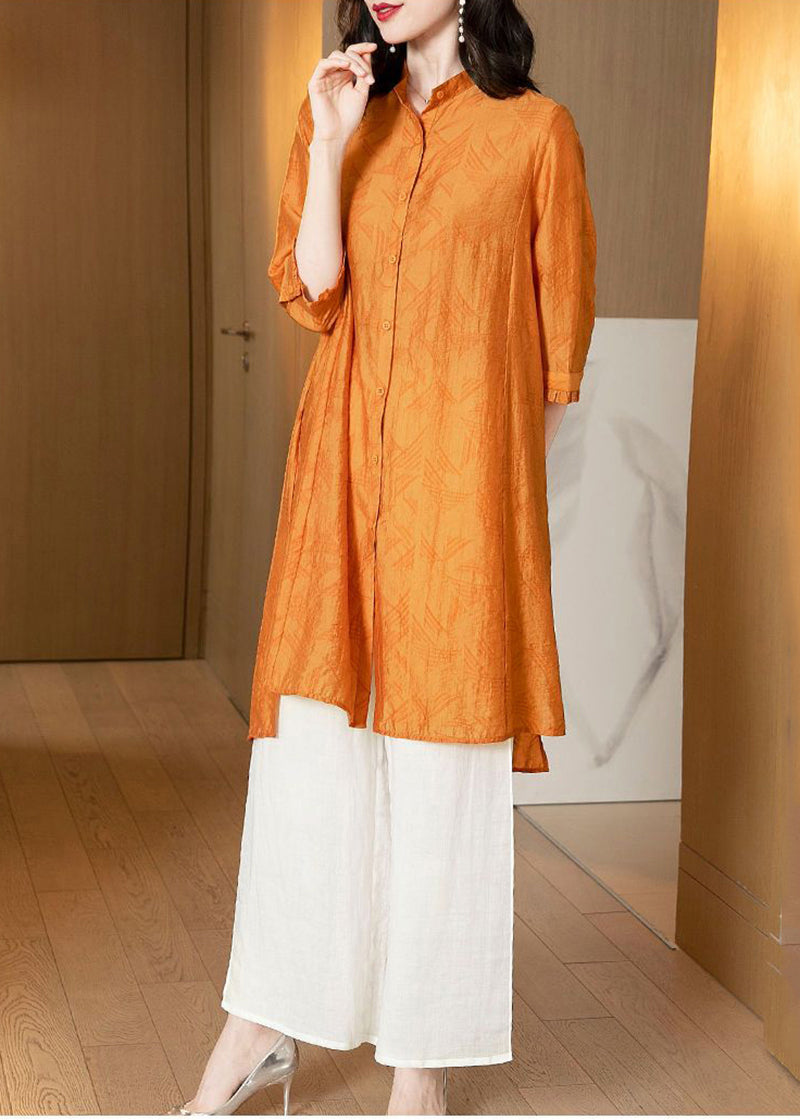 Yellow Stand Collar Oversized Silk Two Pieces Set Summer